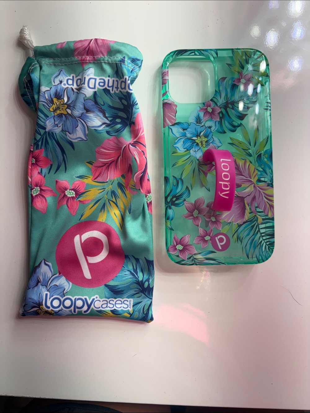 Loopy Case Kids One-Piece Grip Case in Teal with Pink Floral Accents